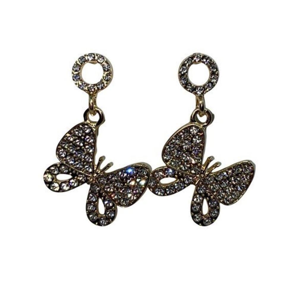 NWT Gold-Tone Clear Rhinestone Dangle Butterfly Earrings